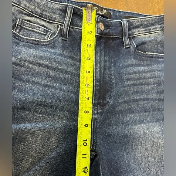 Judy Blue Women’s Dark Blue Flare Fit Jeans with Rhinestone Accents & Raw Hem - Picture 11 of 13